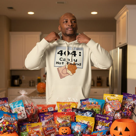 man wearing 404 Candy Not Found Halloween Hoodie