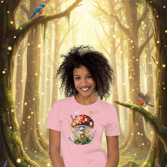 Mushroom Manor faery graphic tee — enchanted mushroom cottage design lifestyle mockup — Stitch and Sigil