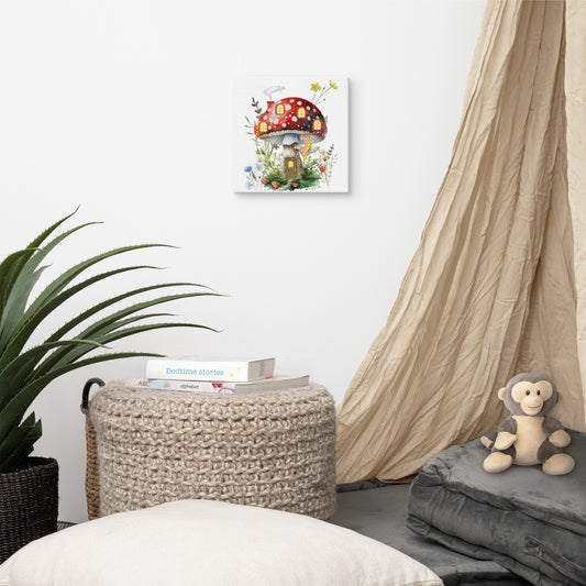 Mushroom Manor faery cottage canvas wall art 10x10 — illuminated red mushroom house with wildflowers and lanterns — Stitch and Sigil