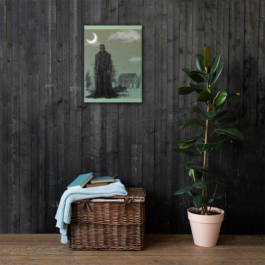 Frankenstein's Monster moonlit graveyard canvas wall art 18x24 — gothic horror illustration in dark night setting — Stitch and Sigil