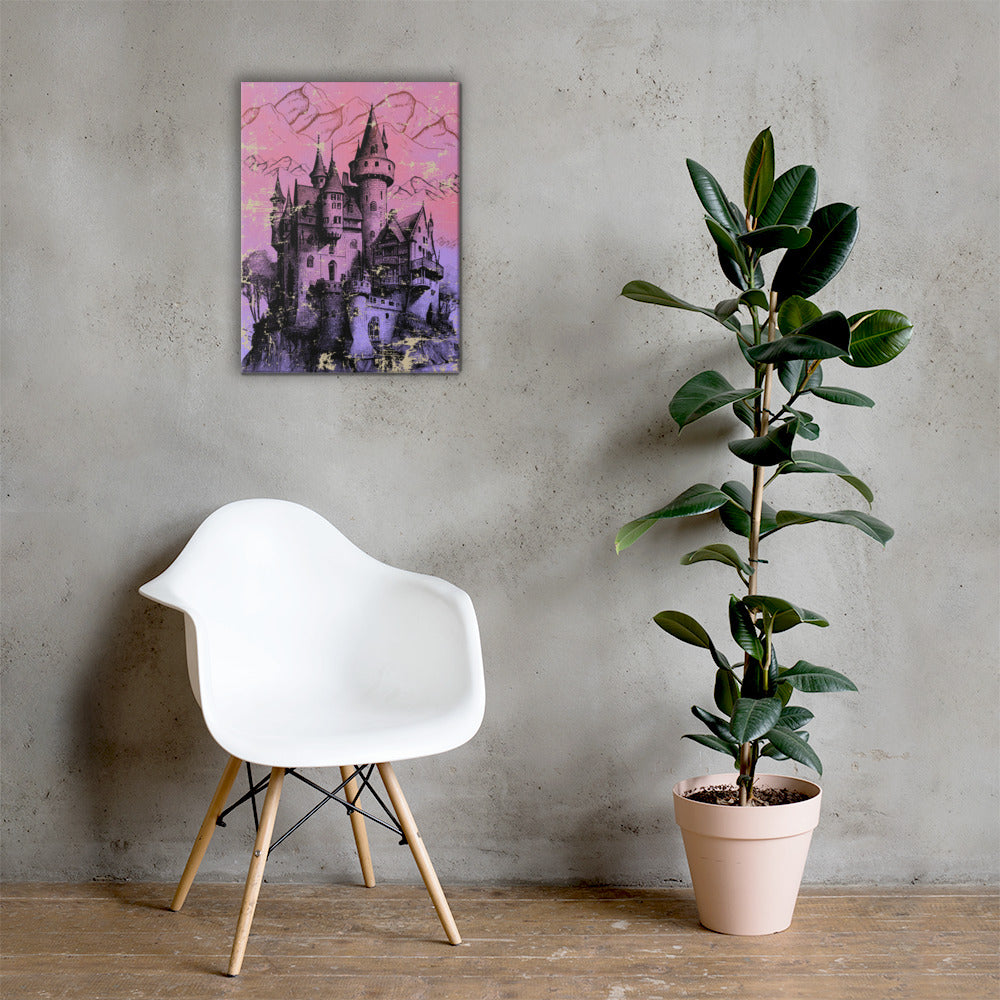Castle Sigil fantasy canvas wall art — ancient castle symbol glowing in luminous light — Stitch and Sigil