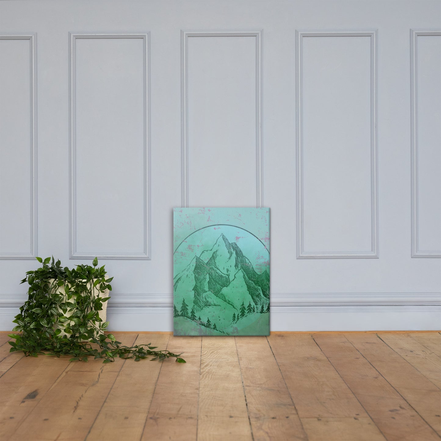 Mountain Sigil canvas wall art lifestyle display — glowing mountain fantasy art in atmospheric interior — Stitch and Sigil