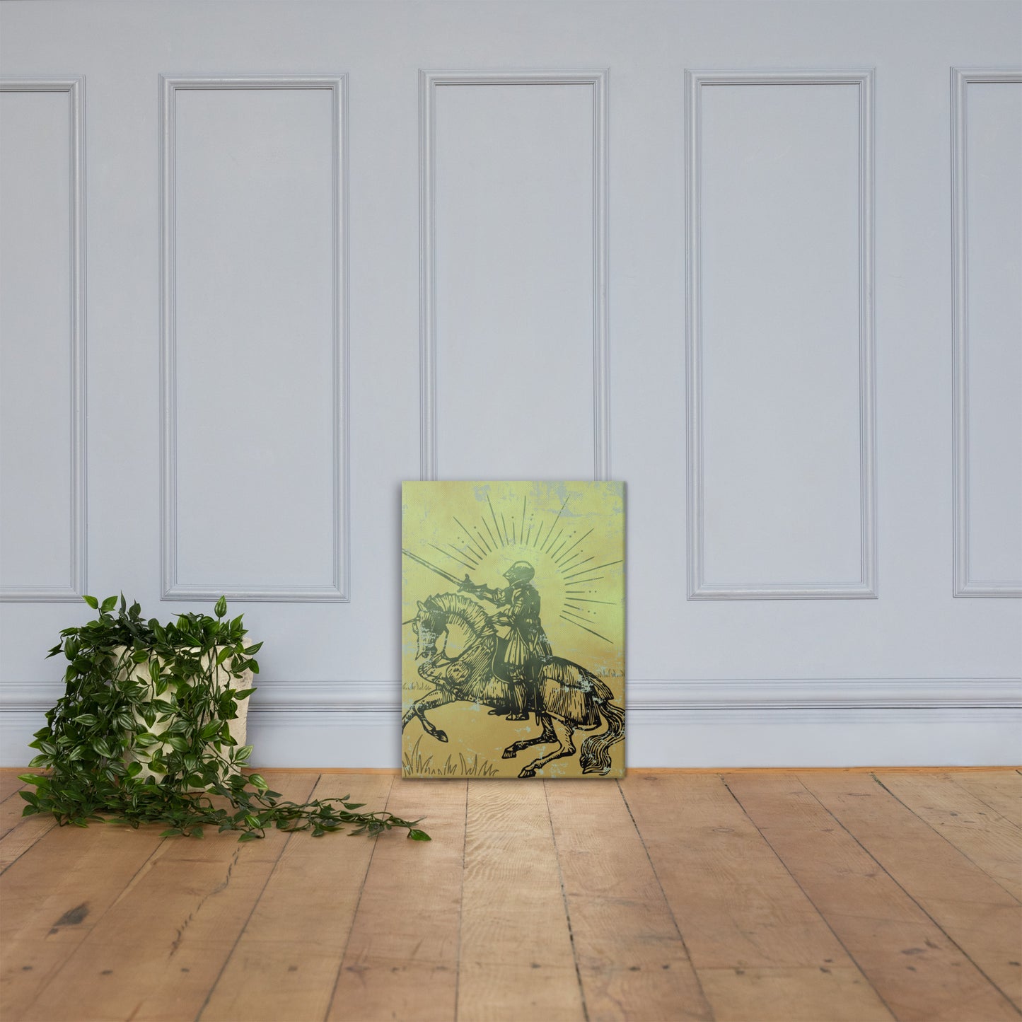 Knight Sigil canvas wall art lifestyle display — glowing fantasy knight art in atmospheric interior — Stitch and Sigil
