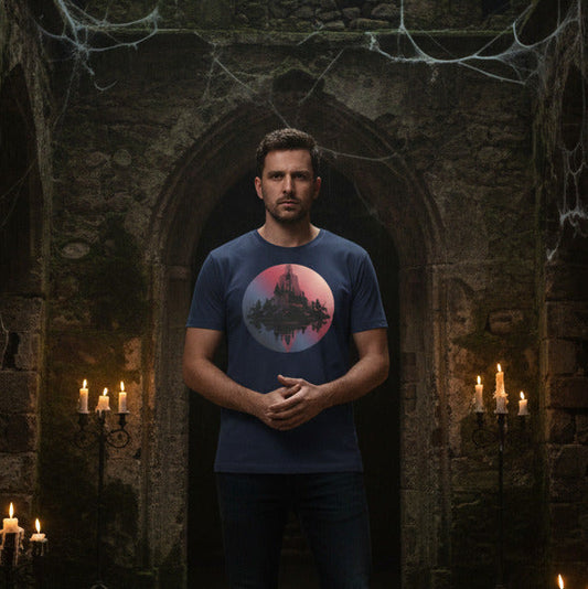 Dracula Castle Silhouette Legends in Shadow graphic tee — gothic vampire castle design lifestyle mockup — Stitch and Sigil