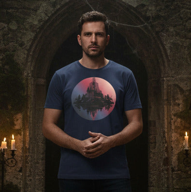 Man wearing a blue t-shirt with a castle design in a dark, candlelit room.