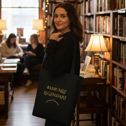 A woman in a black hoodie and black pants stands in a cozy, book-filled library holding a black tote bag with gold lettering that reads 'BASICALLY LEGENDARY'.