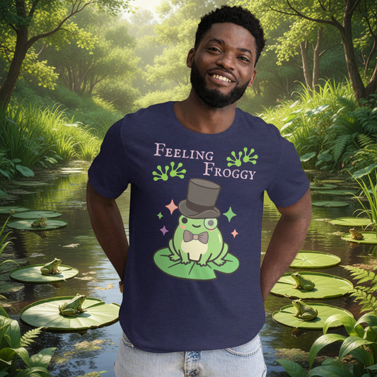 man wearing feeling froggy tee