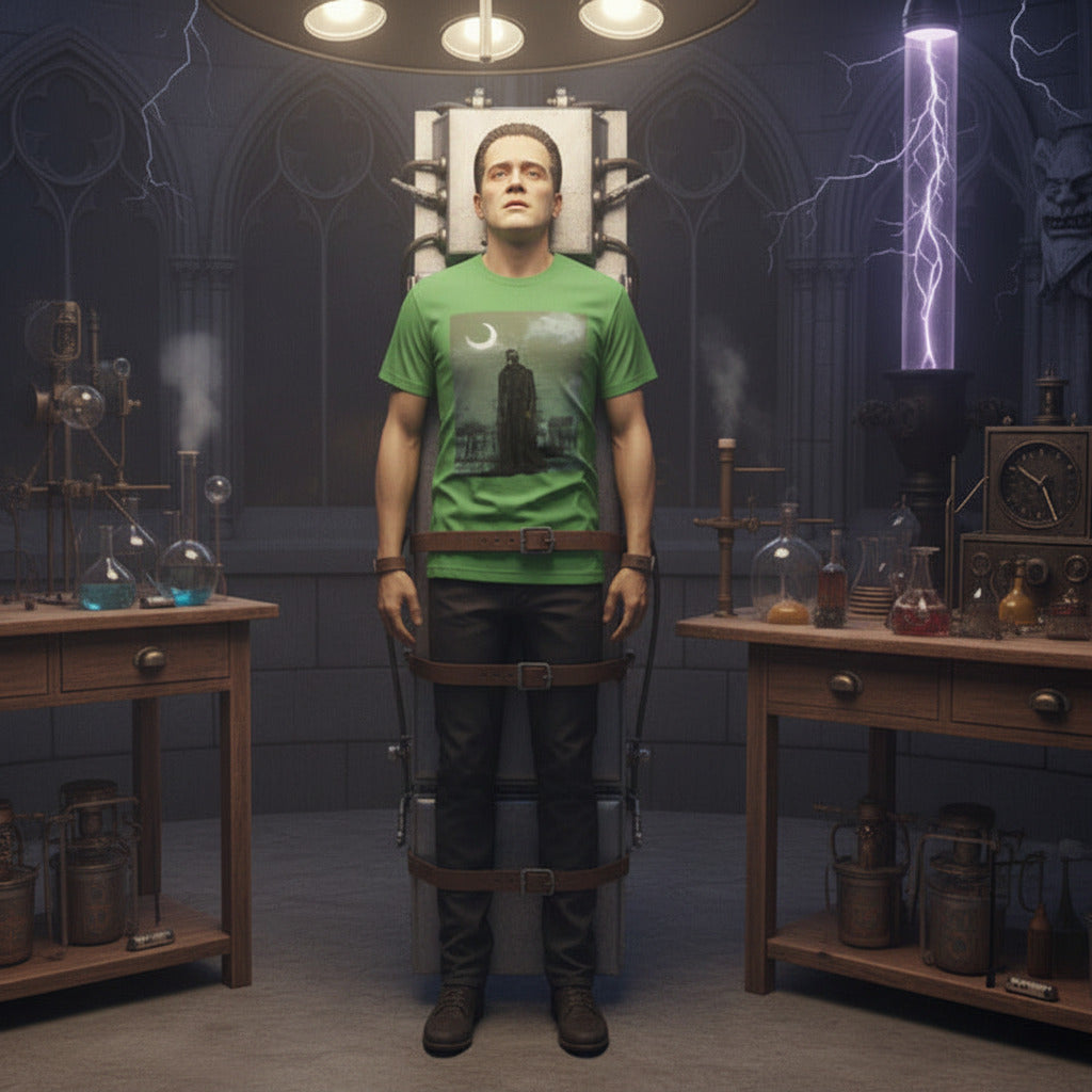 Frankenstein Monster Moonlit Graveyard Legends in Shadow graphic tee — horror design lifestyle mockup — Stitch and Sigil