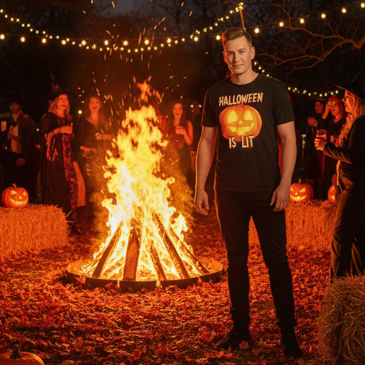 Halloween is Lit Halloween graphic tee — glowing jack-o-lantern design lifestyle mockup — Stitch and Sigil