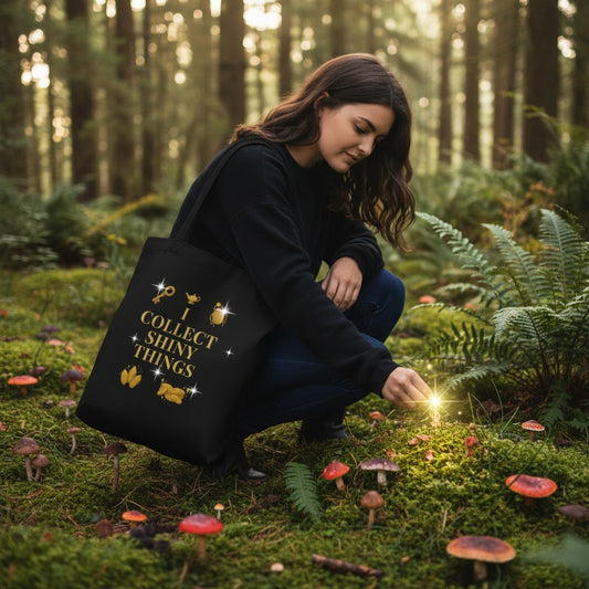 woman holding i collect shiny things eco tote bag