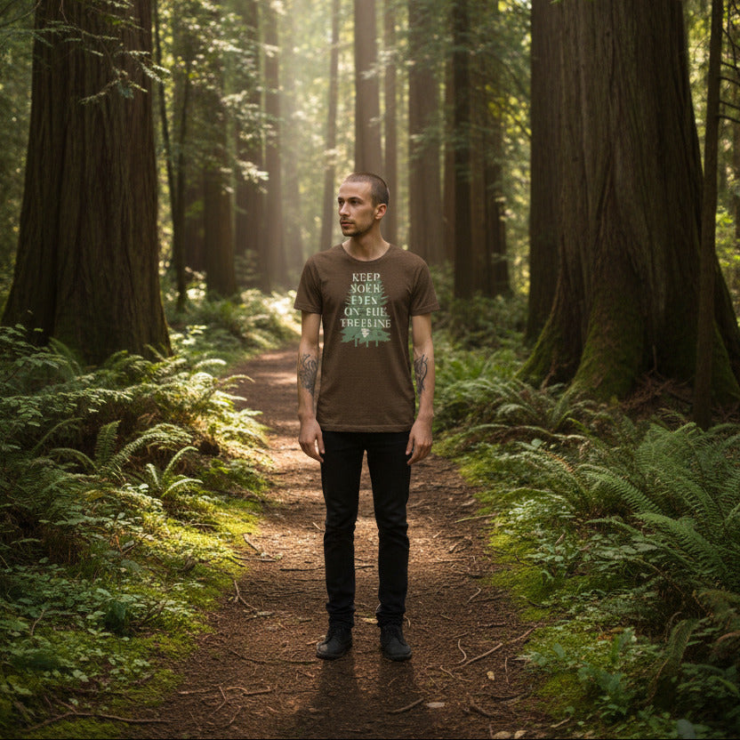 man wearing keep your eyes on the treeline tee