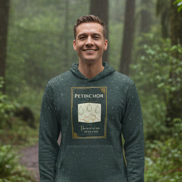 A man wearing a dark green hoodie with a petrichor graphic, standing in a misty, rainy forest.