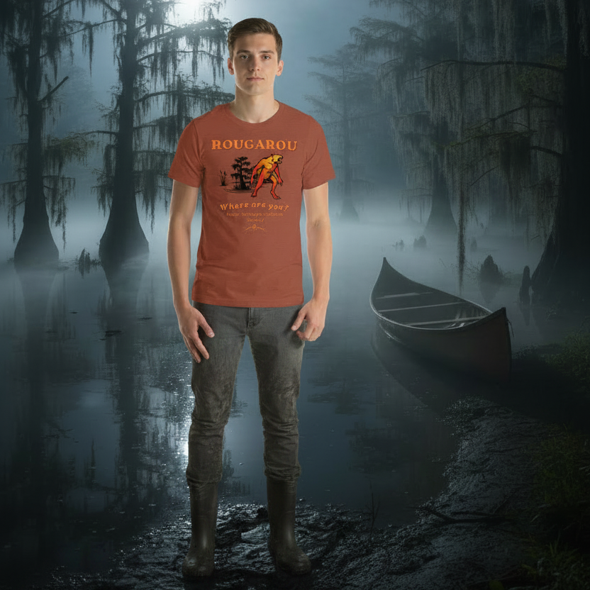 Rougarou Where Are You Cajun cryptid graphic tee — retro cartoon Louisiana werewolf design on black — Stitch and Sigil