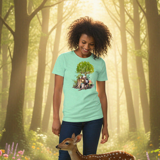 Secret Stump faery graphic tee — magical tree stump cottage design lifestyle mockup in forest — Stitch and Sigil
