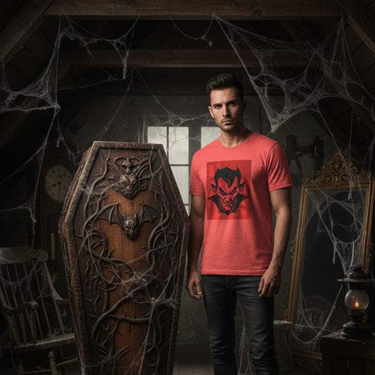 Shot in the Dark Dracula graphic tee — pop art vampire design on heather red — Stitch and Sigil