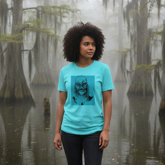 Shot in the Dark Creature graphic tee — Creature from the Black Lagoon design on turquoise — Stitch and Sigil