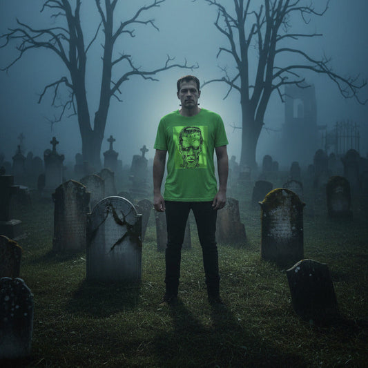 Shot in the Dark Frankenstein graphic tee — monster design on leaf green — Stitch and Sigil