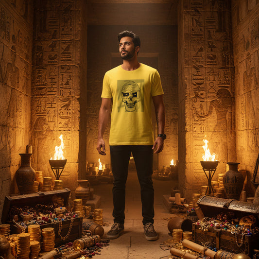 Shot in the Dark Mummy graphic tee — mummy design on yellow — Stitch and Sigil