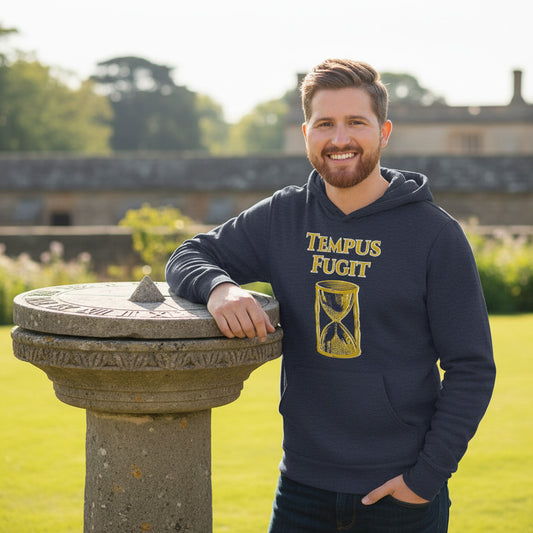 man wearing tempus fugit hoodie