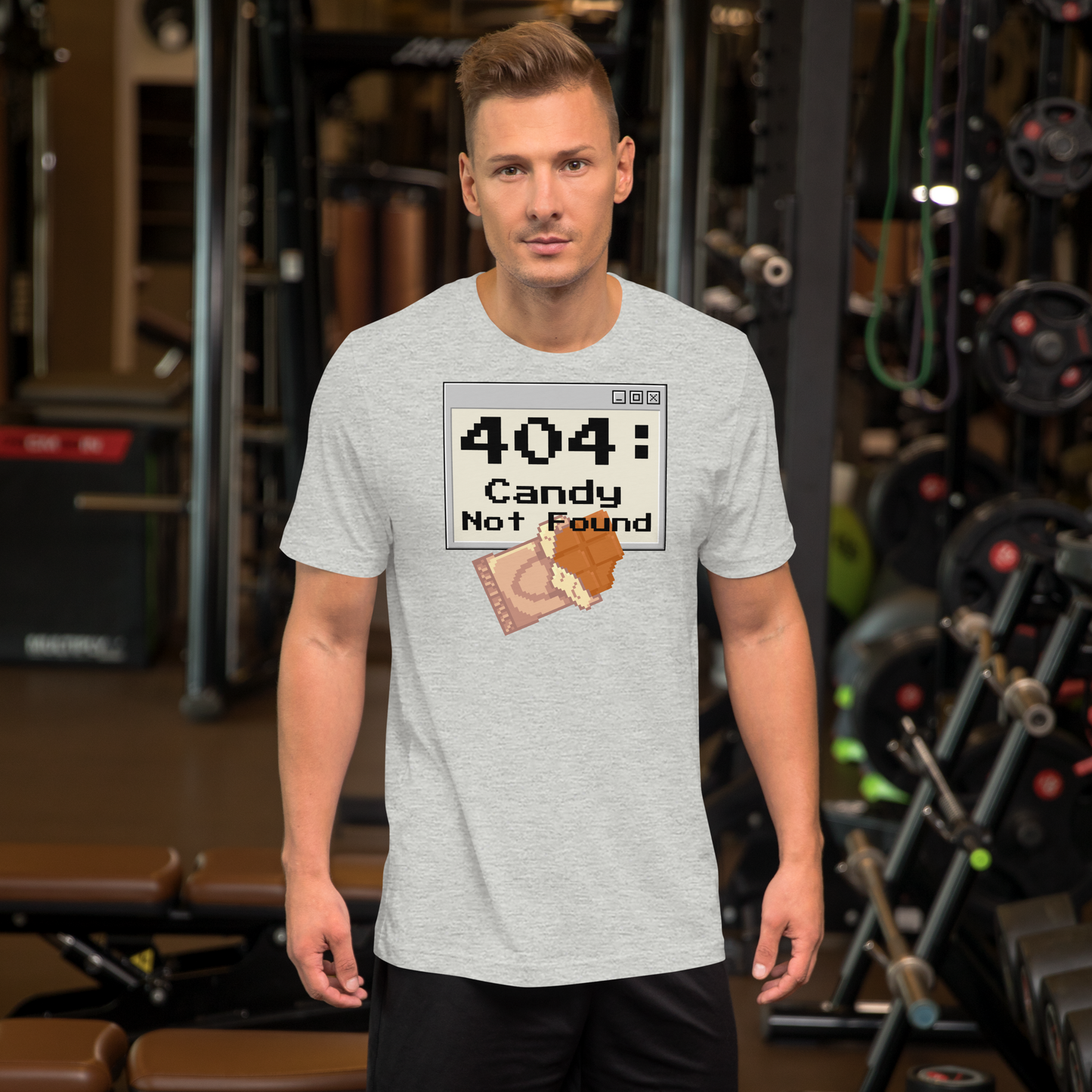 404 Candy Not Found Halloween graphic tee — retro computer error candy design on athletic heather — Stitch and Sigil