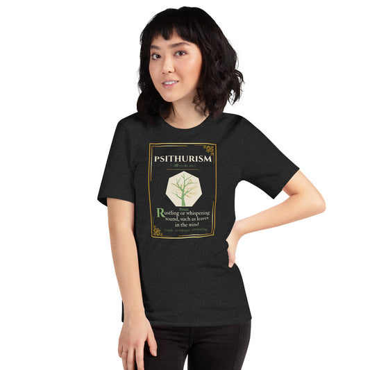 Psithurism Lost Lexicon rare word graphic tee — rare word manuscript design on black heather — Stitch and Sigil