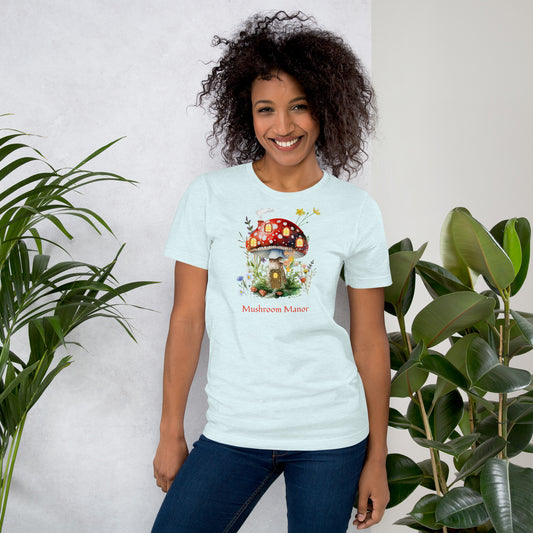 Mushroom Manor faery graphic tee — magical mushroom cottage design on heather ice blue — Stitch and Sigil