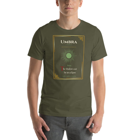 Umbra Lost Lexicon rare word graphic tee — shadow eclipse manuscript design on military green — Stitch and Sigil