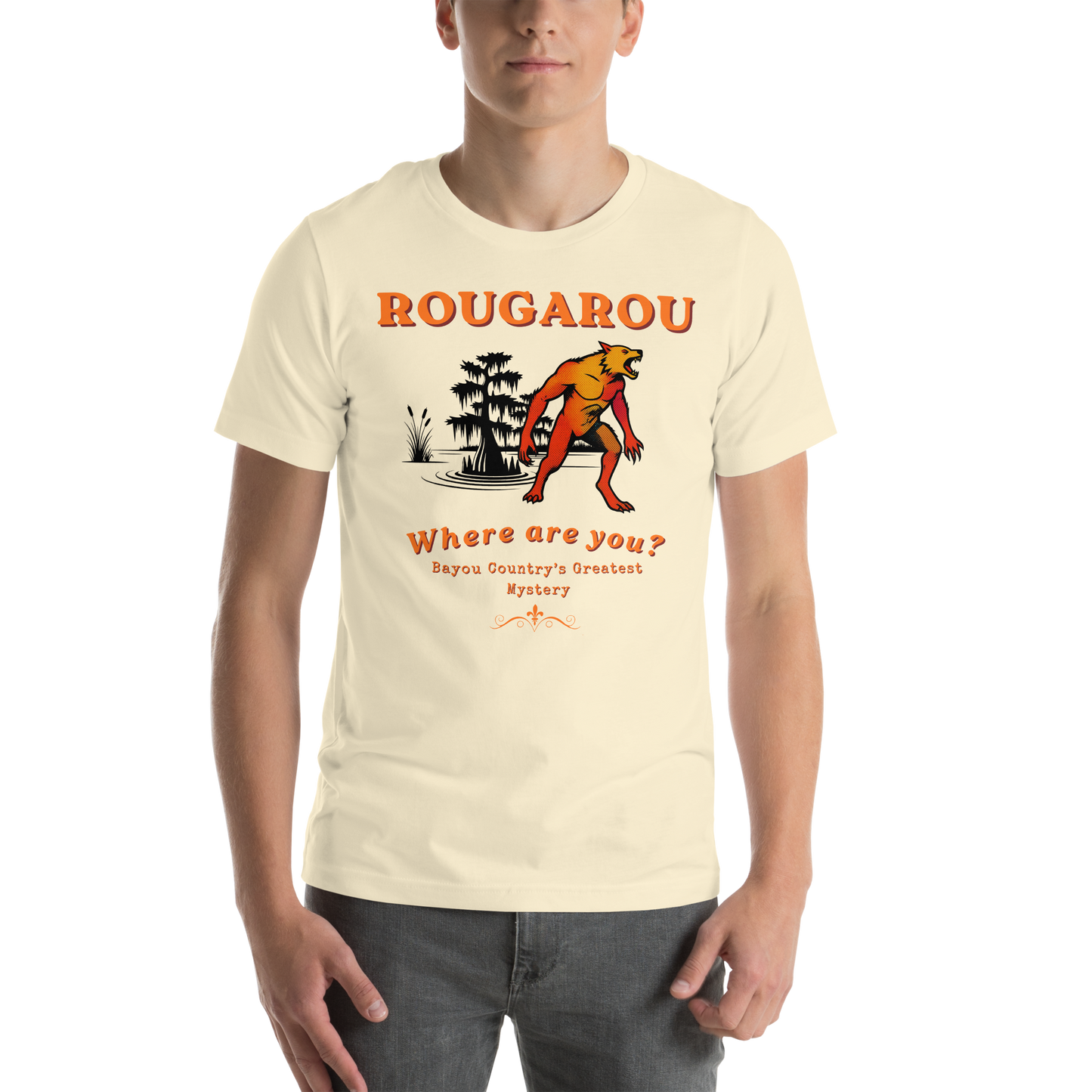 Rougarou Where Are You cryptid graphic tee — Louisiana werewolf retro design on natural — Stitch and Sigil