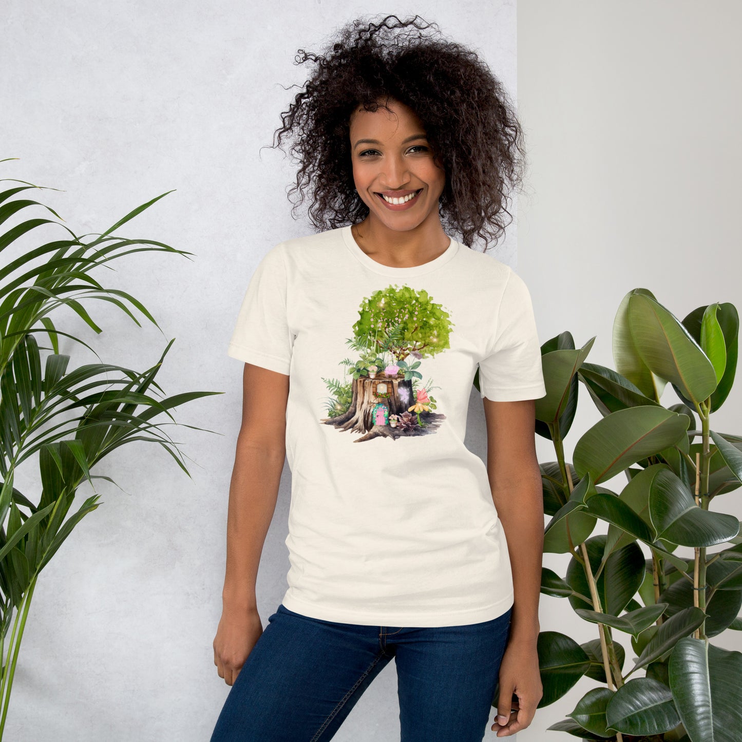 Secret Stump faery graphic tee — faery woodland cottage design on vintage white — Stitch and Sigil
