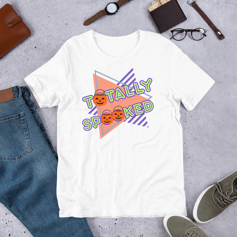 Totally Spooked Halloween graphic tee — retro geometric Halloween design on white — Stitch and Sigil