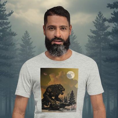 Man wearing werewolf shadow graphic tee in a forest setting
