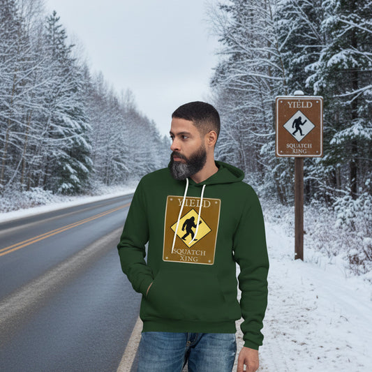person wearing yield squatch xing hoodie