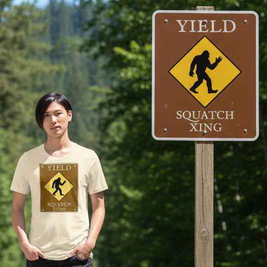 person wearing yield squatch xing tee