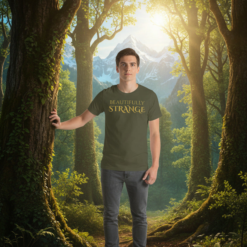 man wearing beautifully strange tee