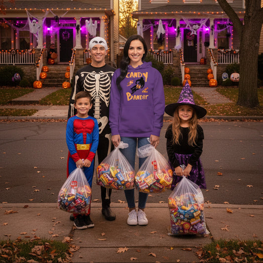woman wearing candy bandit hoodie