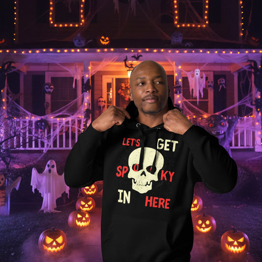 man wearing lets get spooky hoodie