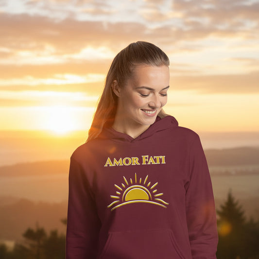 woman wearing amor fati hoodie