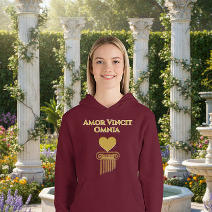 woman wearing amor vincit omnia hoodie