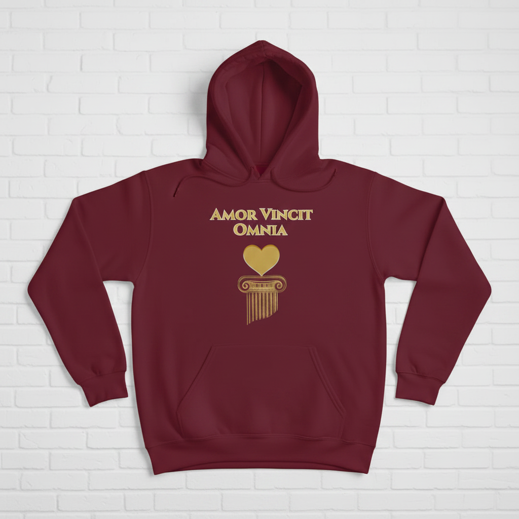 A woman wearing a maroon hoodie with a gold graphic print that reads 'AMOR VINCIT OMNIA' above a gold heart and column design, standing against a white brick wall.