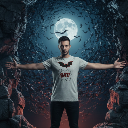 Bat! Halloween graphic tee — retro comic book bat design on grey lifestyle mockup — Stitch and Sigil