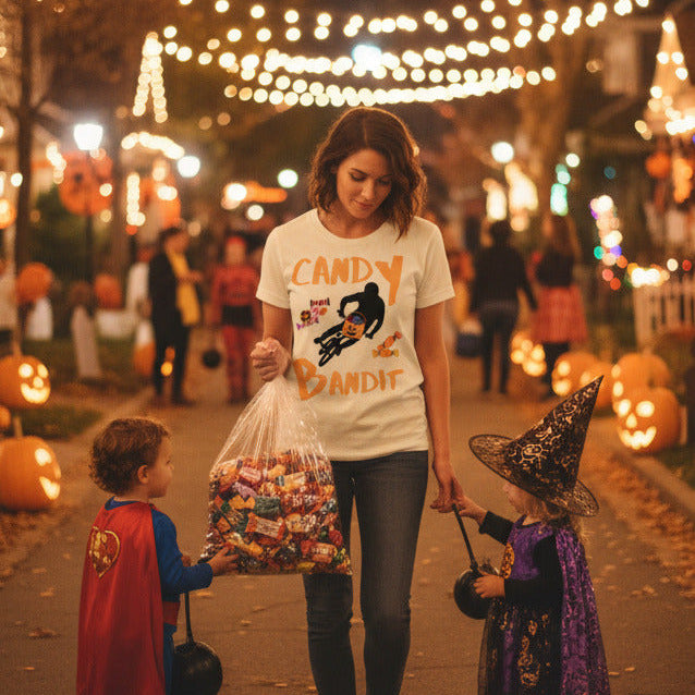 Candy Bandit Halloween graphic tee — trick or treat design lifestyle mockup on Halloween street — Stitch and Sigil