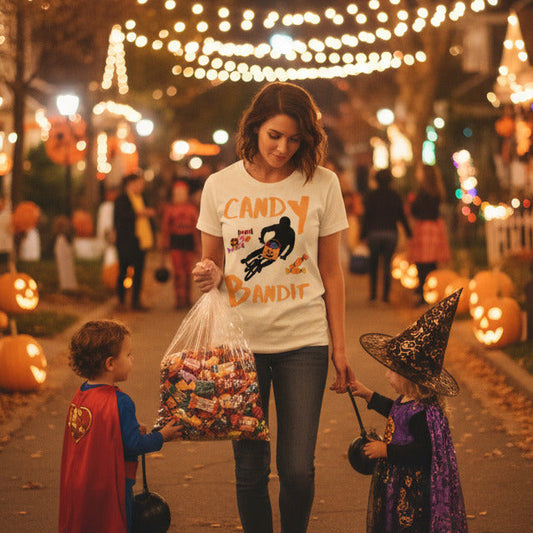Candy Bandit Halloween graphic tee — trick or treat design lifestyle mockup on Halloween street — Stitch and Sigil