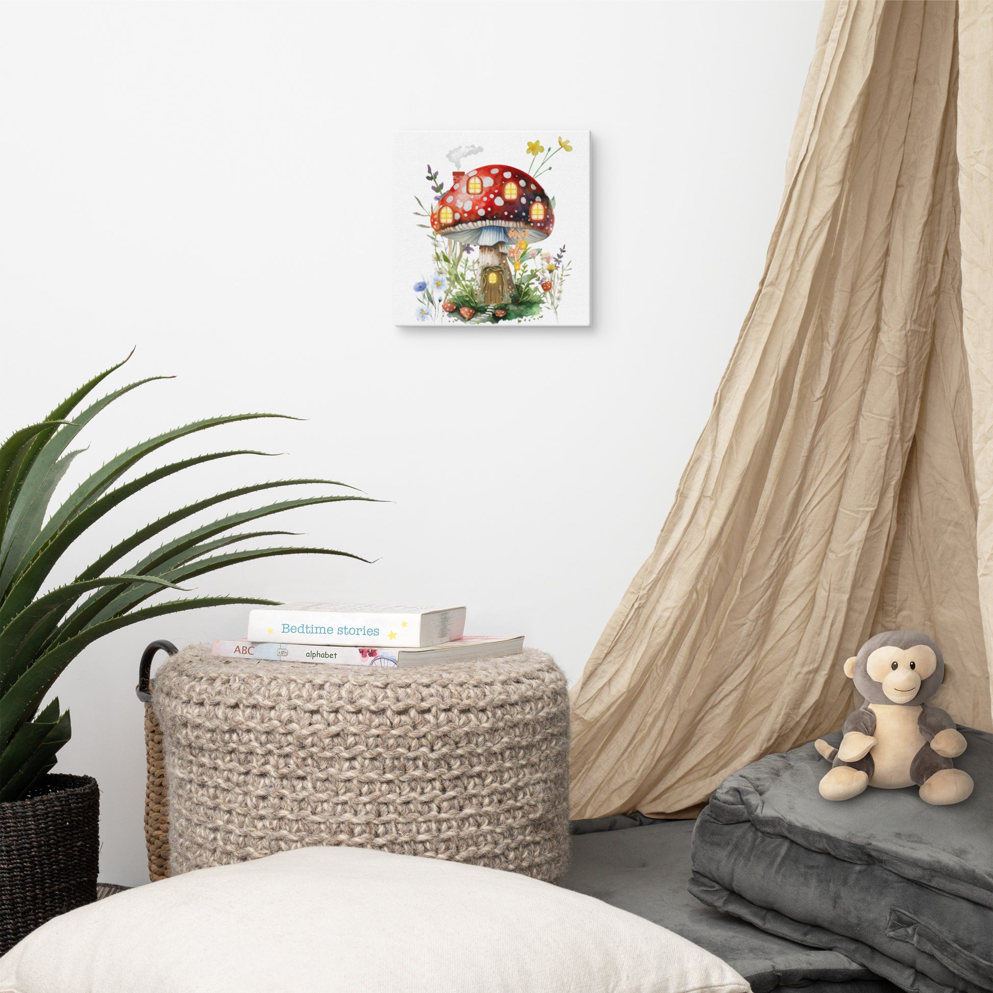 Mushroom Manor faery cottage canvas wall art 10x10 — illuminated red mushroom house with wildflowers and lanterns — Stitch and Sigil