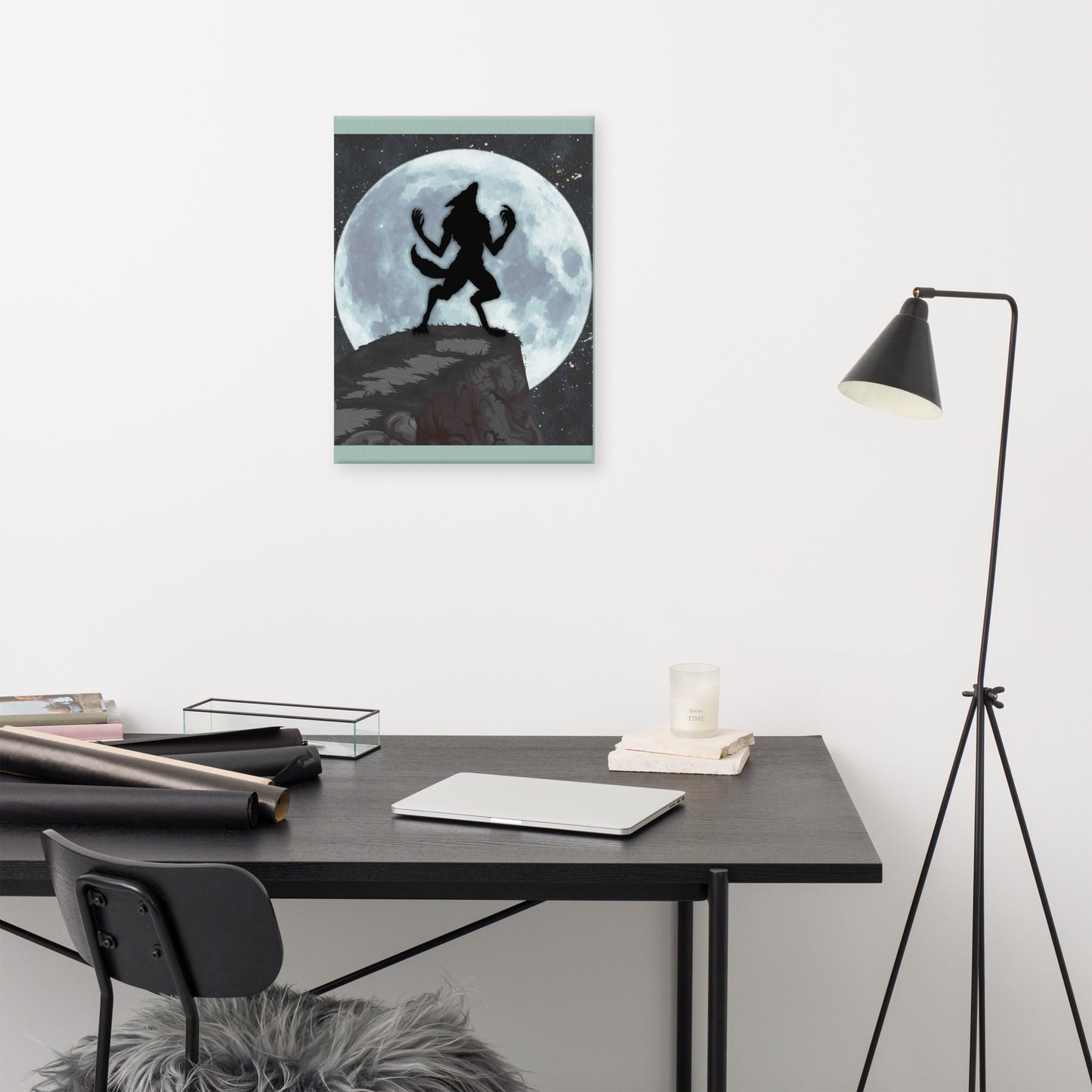 Lunar Lycanthropy werewolf canvas wall art 18x24 — wolf transformation under full moon — Stitch and Sigil