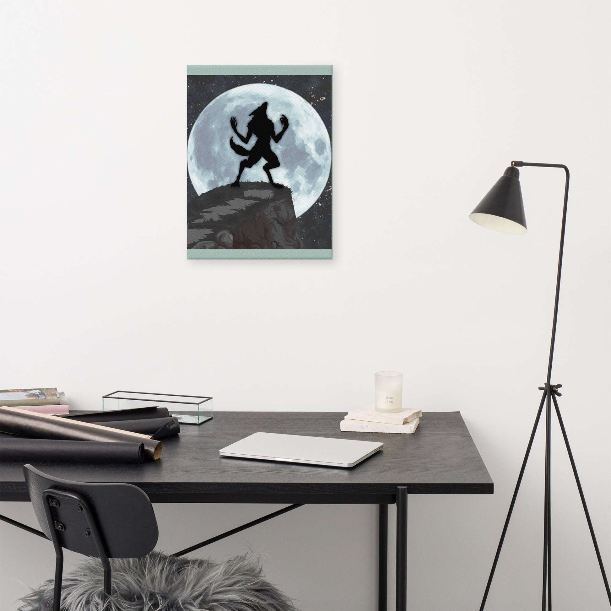 Lunar Lycanthropy werewolf canvas wall art 18x24 — wolf transformation under full moon — Stitch and Sigil