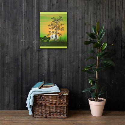 Monstrous Marsh canvas wall art lifestyle display — dark swamp creature art in atmospheric interior — Stitch and Sigil
