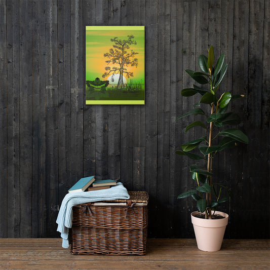 Monstrous Marsh canvas wall art lifestyle display — dark swamp creature art in atmospheric interior — Stitch and Sigil