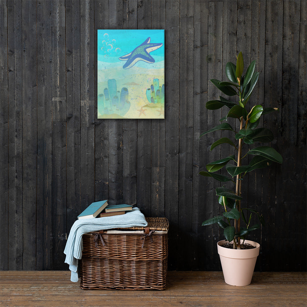 Starfish Sigil canvas wall art lifestyle display — coastal starfish art in beach home interior — Stitch and Sigil
