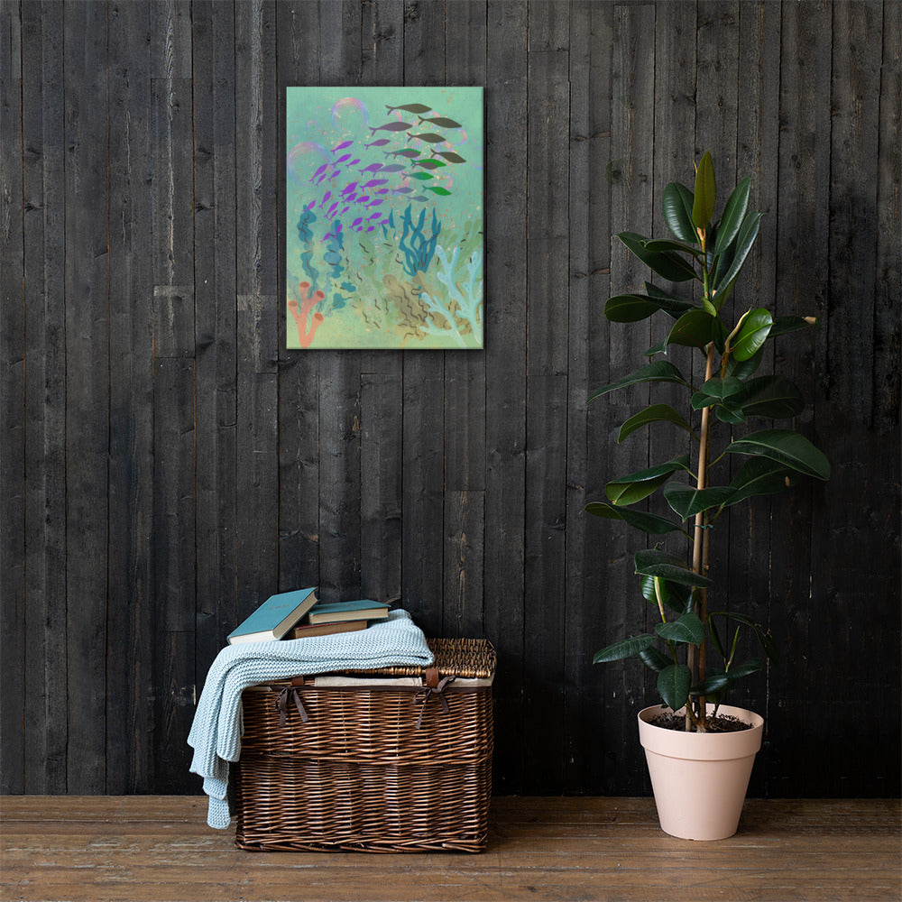 School of Fish Sigil canvas wall art lifestyle display — ocean fish formation art in coastal home — Stitch and Sigil