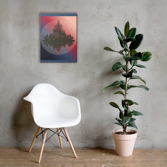 Crimson Castle canvas wall art lifestyle — vampire castle silhouette reflected in still water — Stitch and Sigil
